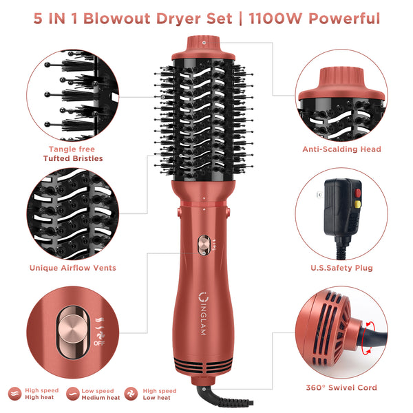 Hair Dryer Brush Blow Dryer Brush 5 in 1 for Women, Detachable Blowout Brush & Hair Appliances for Straightening/ Drying/ Curling/ Styling/Volumizer, Copper Red