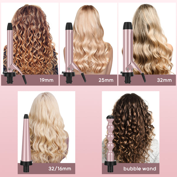 Prizm 5 in 1 Curling Iron Wand Set with Clip, LED Display, Professional Instant Heat Up Hair Curling Wand Set with 5 Interchangeable Ceramic Barrels (0.75'' to 1.25') and 11 Temp Settings, Rose Pink