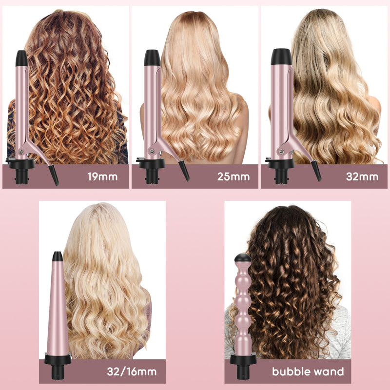 Prizm 5 in 1 Curling Iron Wand Set with Clip, LED Display, Professional Instant Heat Up Hair Curling Wand Set with 5 Interchangeable Ceramic Barrels (0.75'' to 1.25') and 11 Temp Settings, Rose Pink