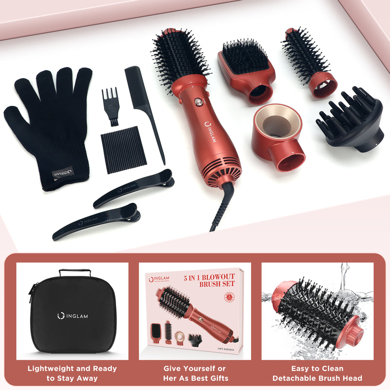 Hair Dryer Brush Blow Dryer Brush 5 in 1 for Women, Detachable Blowout Brush & Hair Appliances for Straightening/ Drying/ Curling/ Styling/Volumizer, Copper Red
