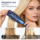 IG INGLAM Titanium Flat Iron Hair Straightener, 1.75 Inch, Negative Ionic Dual Voltage Straightener 11 Adjust Temp 250°F to 450°F, Prussian Blue