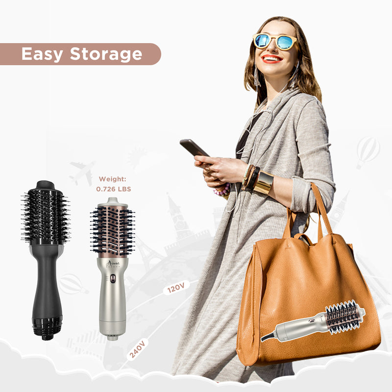 Dual Voltage Travel Hair Dryer Brush, Aima Beauty 4 in 1 Hot Air Comb for Hair Styling, 2.3 Inch Ionic Blow Dryer Brush, Good for Travel and Gift, Champagne Silver