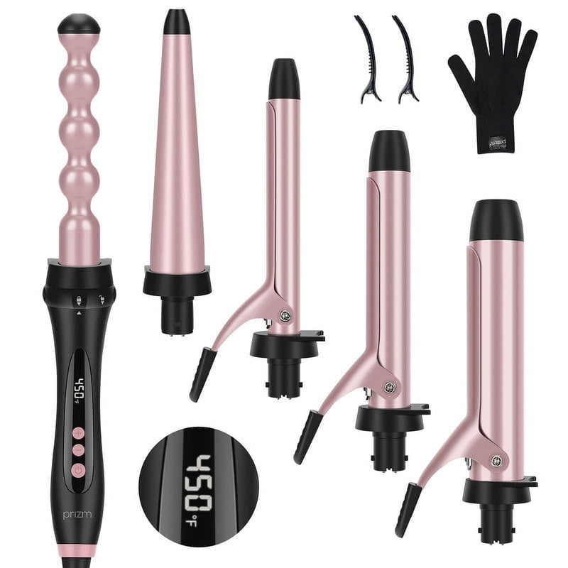 Prizm 5 in 1 Curling Iron Wand Set with Clip, LED Display, Professional Instant Heat Up Hair Curling Wand Set with 5 Interchangeable Ceramic Barrels (0.75'' to 1.25') and 11 Temp Settings, Rose Pink