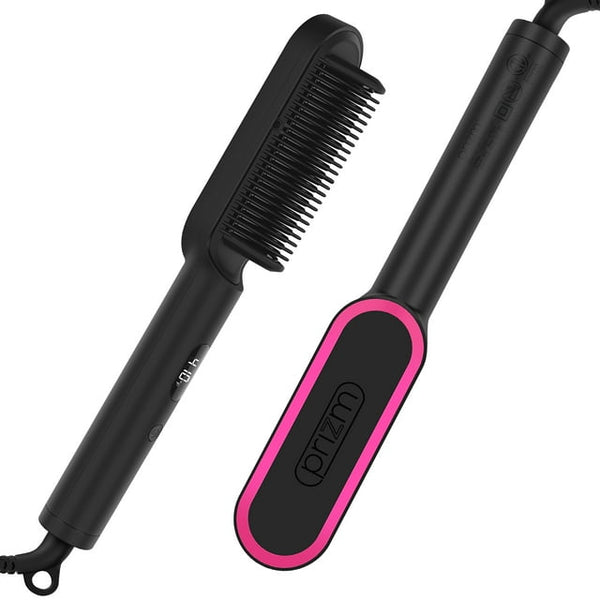 Prizm Hair Straightener Brush, 20s Fast Heating, Negative Ions Hair Straightening Comb with Less Frizz & LED Display, Anti-Scald Design, Dual Voltage, Black