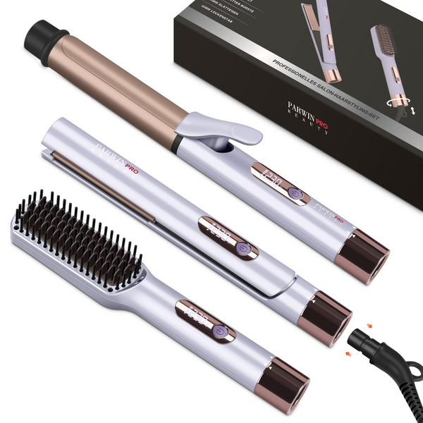 PARWIN PRO BEAUTY 3 In 1 Styling Set, Beinhaltet Glätteisen 25mm -Lockenstab 32mm & GlÄttbÜrste, mit Abnehmbarem Netzkabel, Led-temperaturregelung Und Sofortigem Aufheizen, für Zuhause Und Reisen