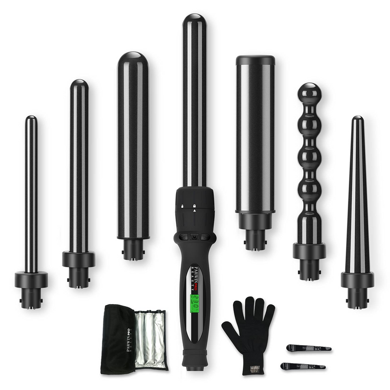 7 In1 Curling Wand Iron, PARWIN PRO BEAUTY Hair Curling Wands for Long Short Hair, Hair Curlers Wand with 7 Ceramic Barrels, LCD Display, 100-230℃ Temperature Control, with Heat Resistant Glove