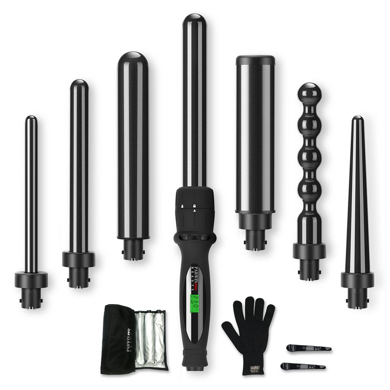 7 in 1 Lockenstab mit Verschiedenen Aufsätzen Set, PARWIN PRO BEAUTY Lockenstab für Große und Kleine Locken, Curling Iron mit 7 Stäben, 100-230℃ Einstellbare Temperatur, mit LCD Display, mit Handschuh