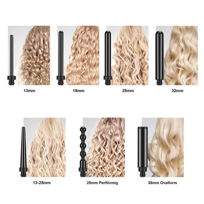 7 in 1 Lockenstab mit Verschiedenen Aufsätzen Set, PARWIN PRO BEAUTY Lockenstab für Große und Kleine Locken, Curling Iron mit 7 Stäben, 100-230℃ Einstellbare Temperatur, mit LCD Display, mit Handschuh