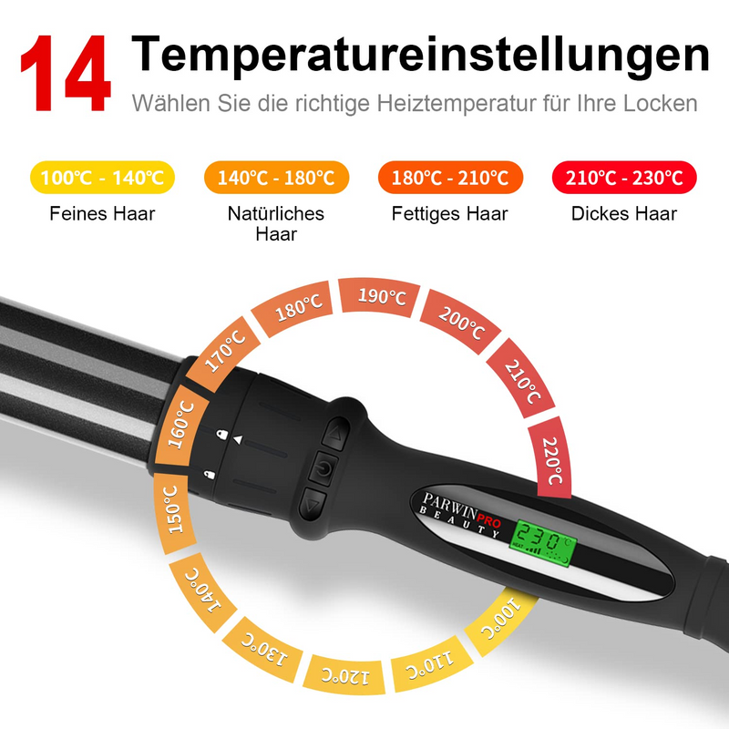 7 in 1 Lockenstab mit Verschiedenen Aufsätzen Set, PARWIN PRO BEAUTY Lockenstab für Große und Kleine Locken, Curling Iron mit 7 Stäben, 100-230℃ Einstellbare Temperatur, mit LCD Display, mit Handschuh