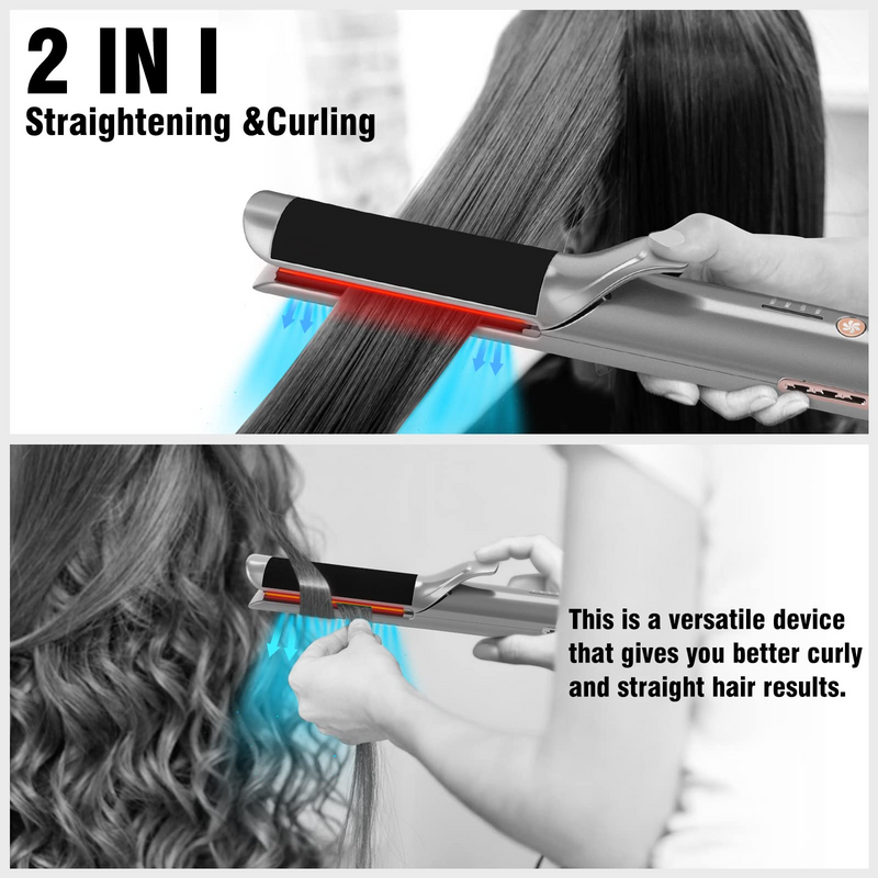 2 in 1 -Hair Curler Straightener with 40 Ion Air-Outlet, PARWIN PRO BEAUTY Multifunctional Curling Wand Tongs Iron and Flat Iron, Anti-Scalding Felt Cloth, Create Long-Lasting Curls